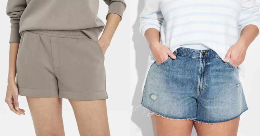 woman wearing tan shorts and a tan top and woman wearing cut off jean shorts and a blue and white stripe top