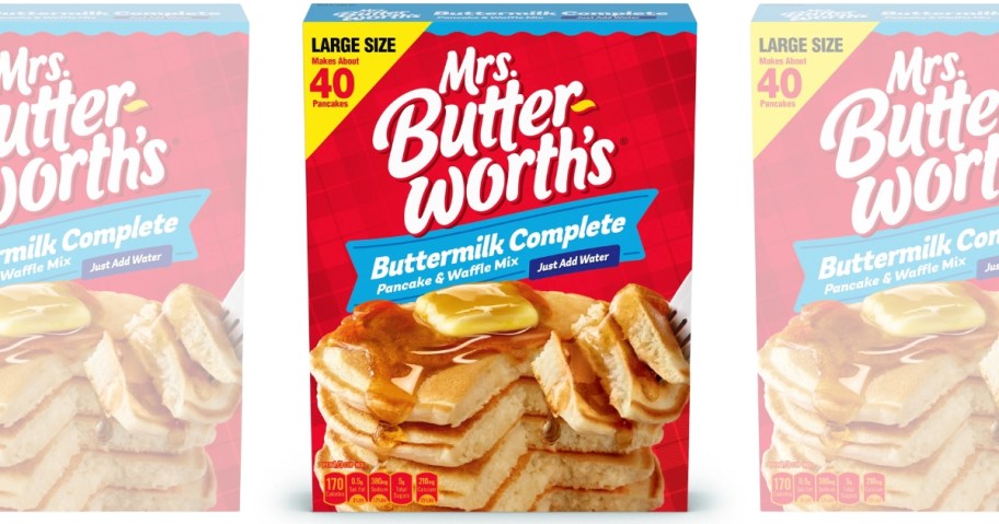 a box of Mrs. Butterworth's onlineplete Buttermilk Pancake and Waffle Mix with slightly transparent boxes of it on each side