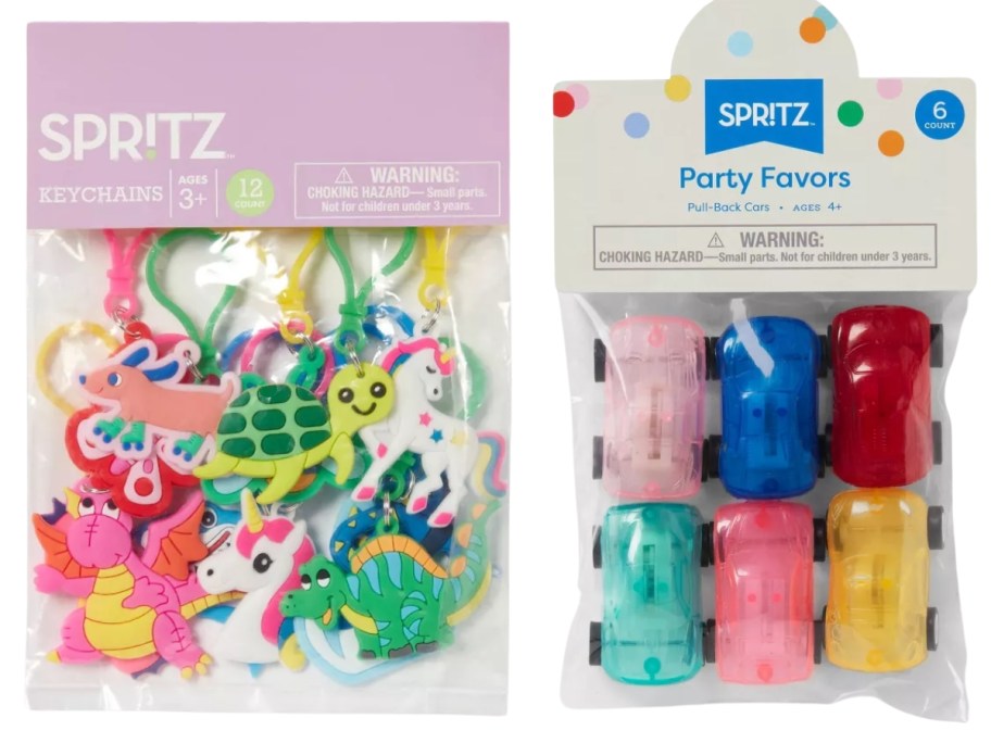 a pack of kids' clip on keychains and a pack of toy car party favors