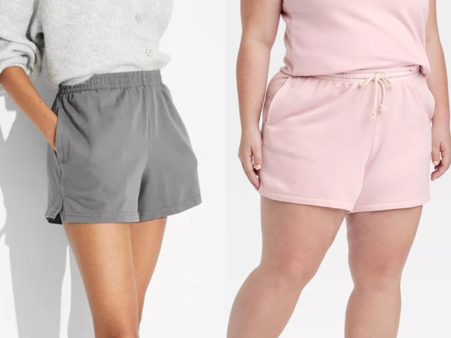 woman wearing grey shorts and a white long sleeve tee and woman wearing pink shorts and a pink tee