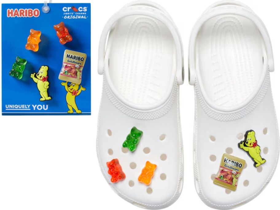 White clasic Crocs clogs with five Haribo Jibbitz