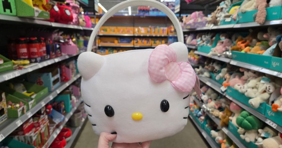 A person holding a Hello Kitty Easter Basket at Walmart