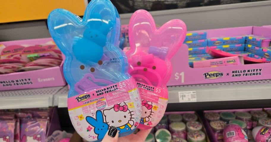 A person holding two Hello Kitty x Peeps Easter Large Activity Cases at Walmart