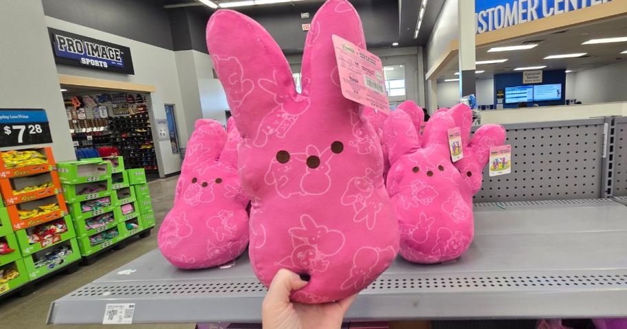 A person holding a Hello Kitty x Peeps Easter Pink Plush at Walmart