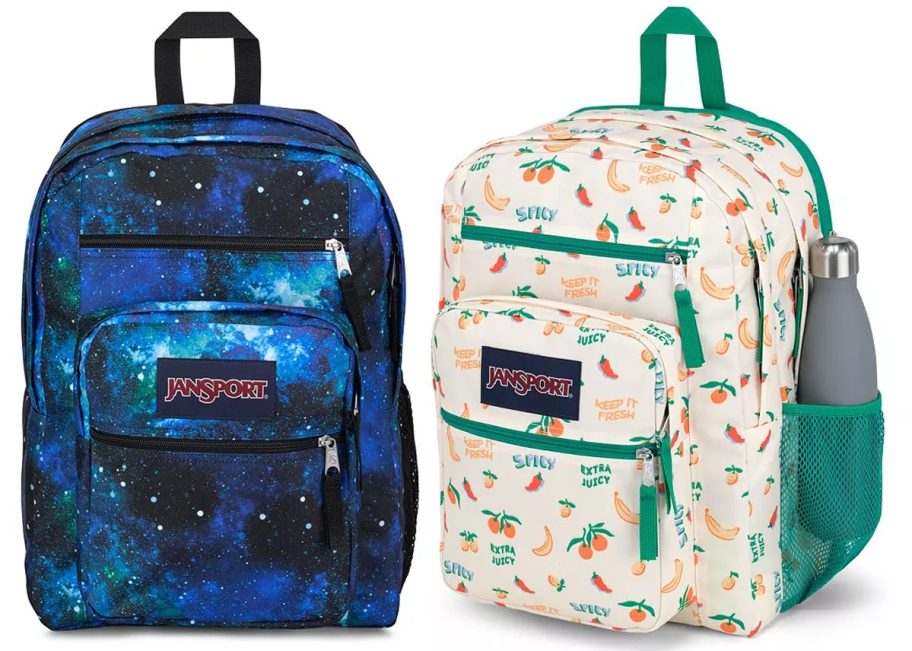 Two Jansport Backpacks with a galaxy print and fruit print