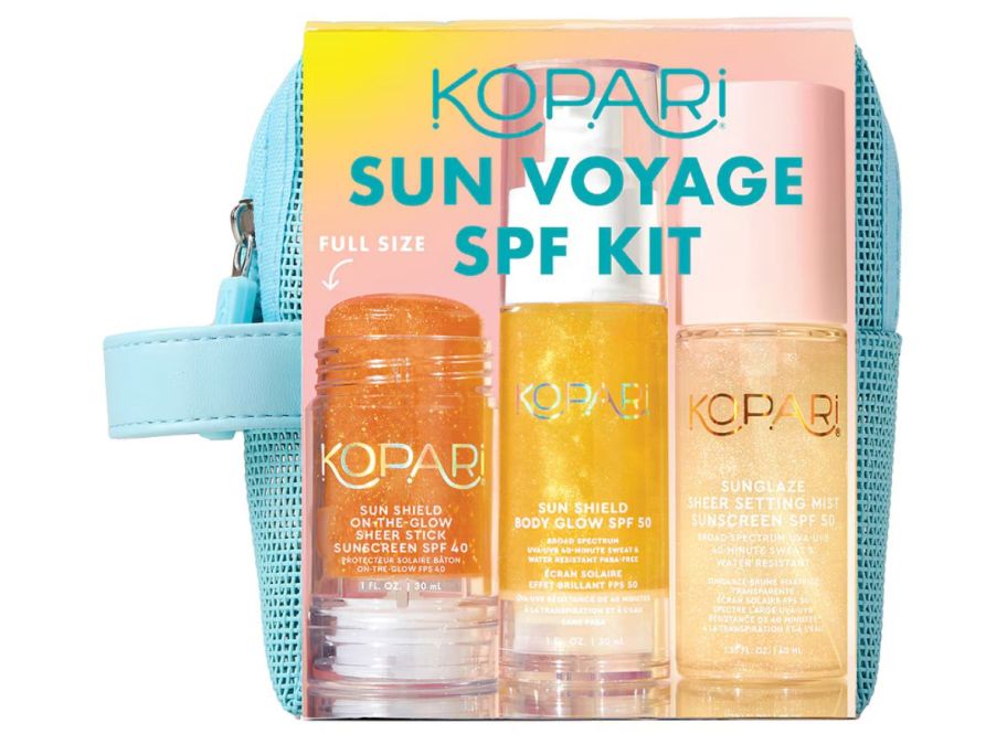 Kopari Sun Voyage SPF products in a small bag