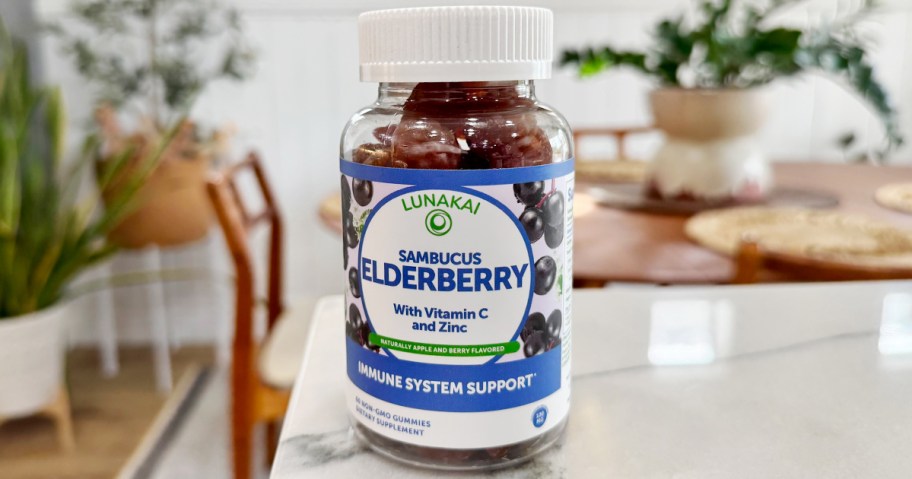 bottle of elderberry gummies sitting on kitchen counter