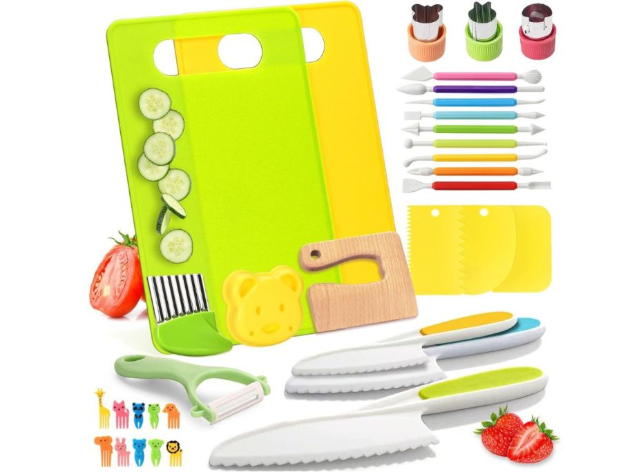 a stock image of a kid's Montessori kitchen playset with various kitchen gadgets and tools