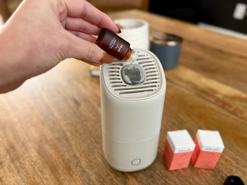 Woman putting aromatherapy drops on portable humidifier