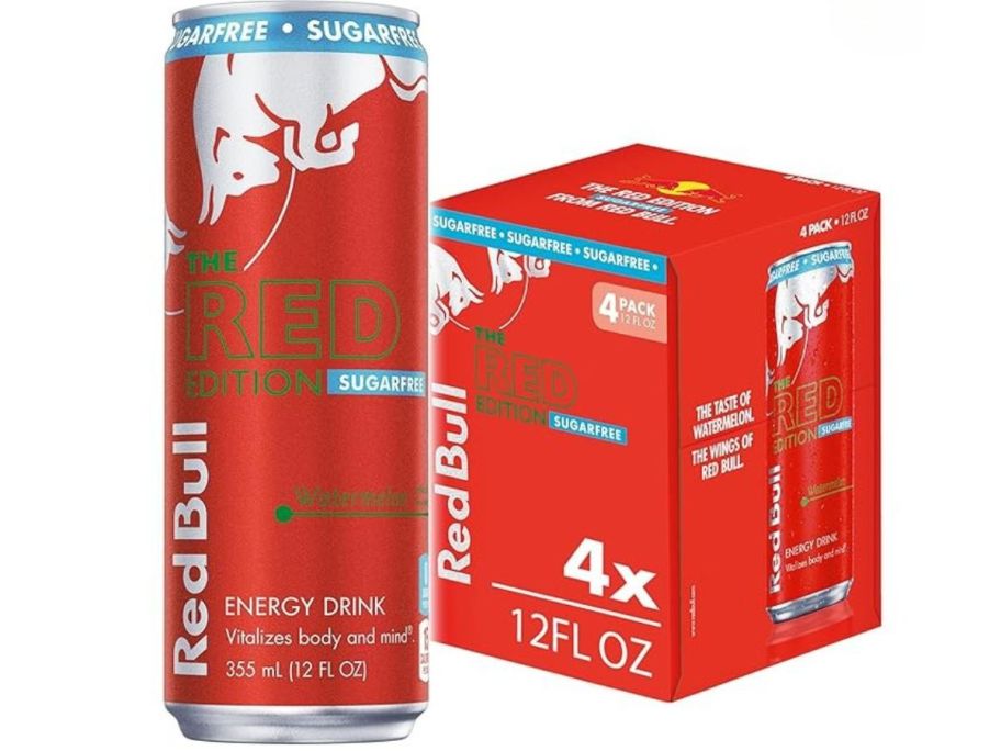 a 4-pack of Red Bull red-colored cans 