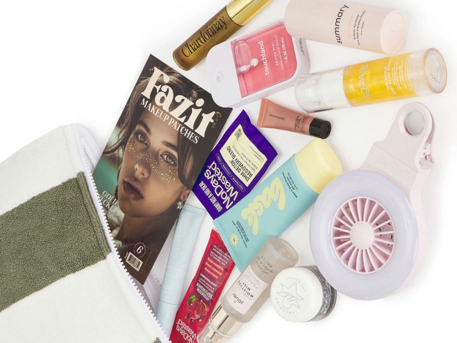 A green and white bag with sample beauty products onlinein out of it 