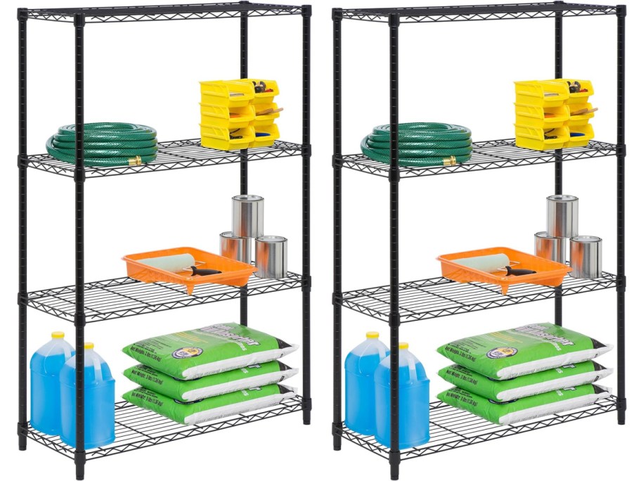 Stock image of two Honey Can Do Shelves with items inside of it