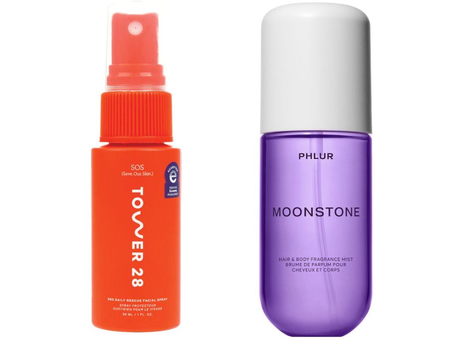 An orange spray bottle and a purple spray bottle