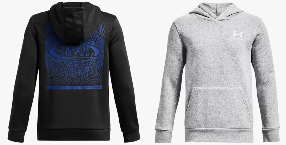 black and blue graphic hoodie and all grey hoodie