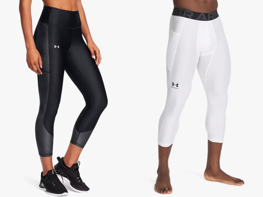 woman in black leggings and man in white leggings