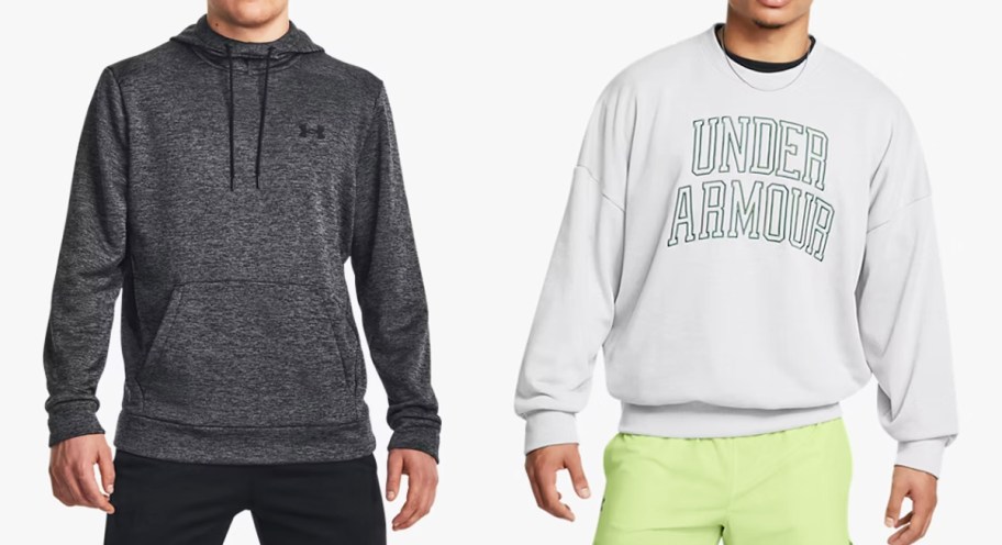 two men in dark grey hoodie and light grey crew neck sweatshirt
