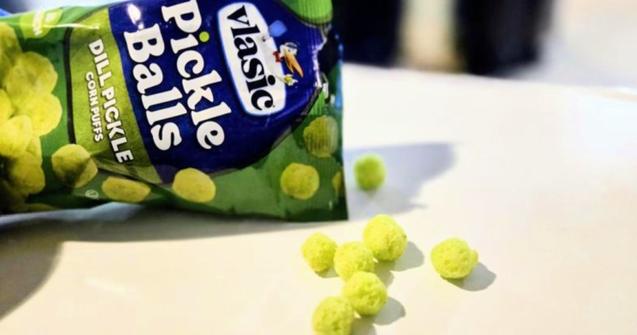 Bag of vlasic pickle balls spilled out onto counterto