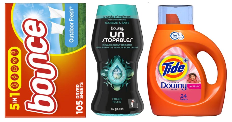 dryer sheets, laundry scent beads and laundry detergent