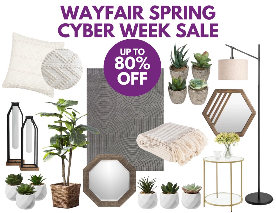 collage graphic of wayfair spring cyber week sale items