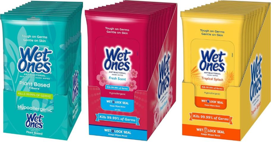 Stock images of three boxes of Wet Ones Travel Pack Wipes