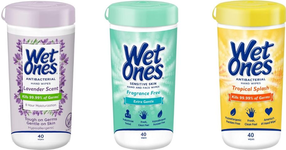 Stock images of 3 canisters of Wet Ones Wipes