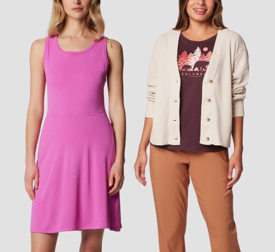 a woman in a tank dress and a woman wearing a cardigan