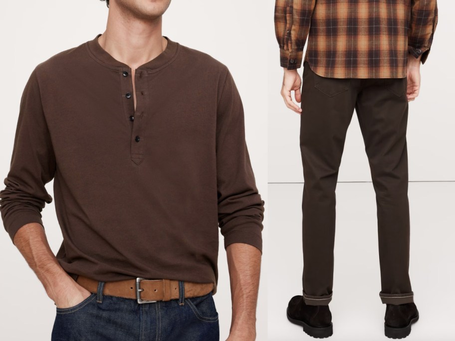 men in brown henley shirt and brown pants