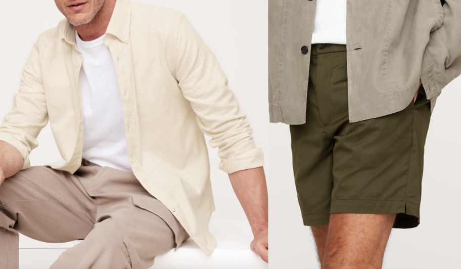 white button down and brown shorts