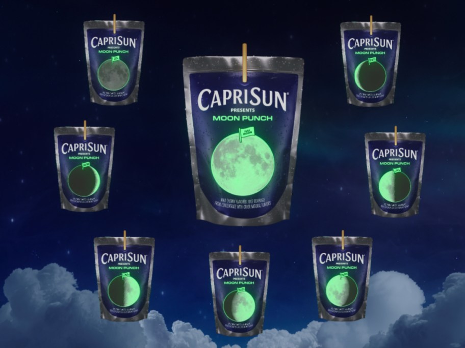 many juice pouches with glow in the dark moon phase on the front