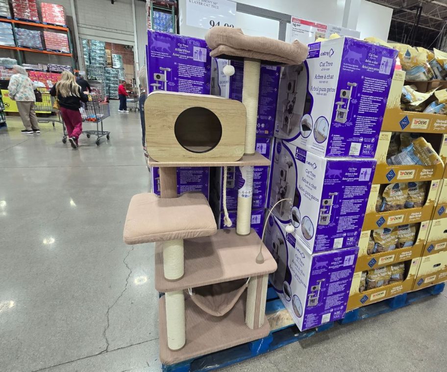 a large multi-level cat tree on display in a costco store