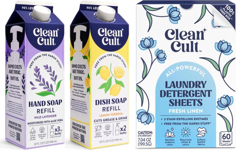 clean cult hand soap dish soap refills and a box of laundry detergent sheets
