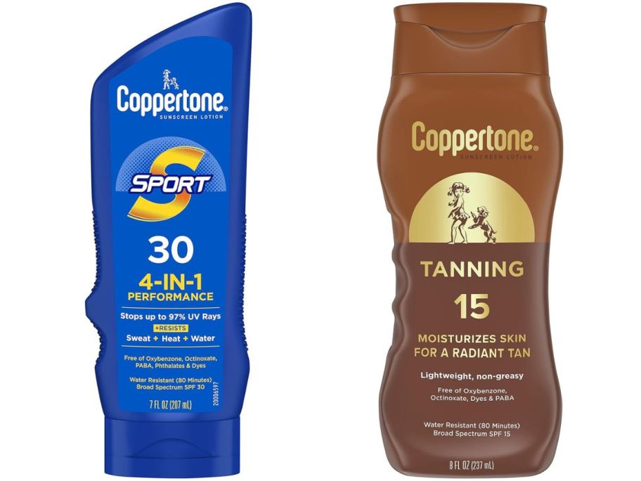 two coppertone sunscreen bottle stock images
