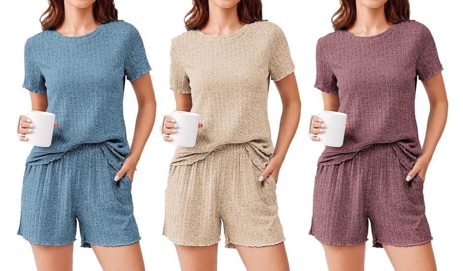 three womens lounge sets in varying colors 