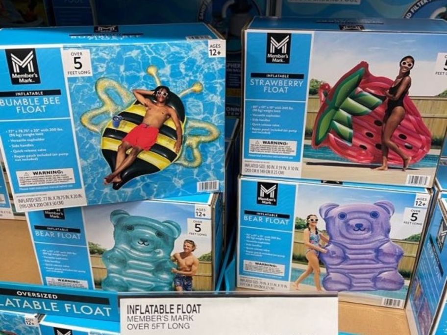 Member's Mark Oversized Inflatable Pool Float boxes stacked in store