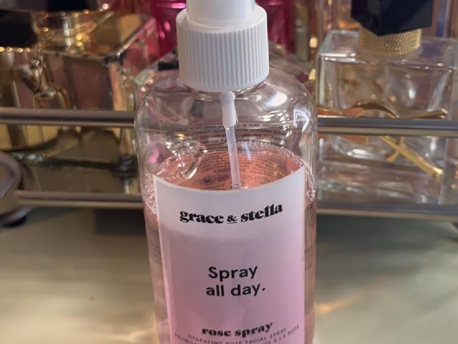 a Grace & Stella brand Rose Water Facial Spray bottle on a counter