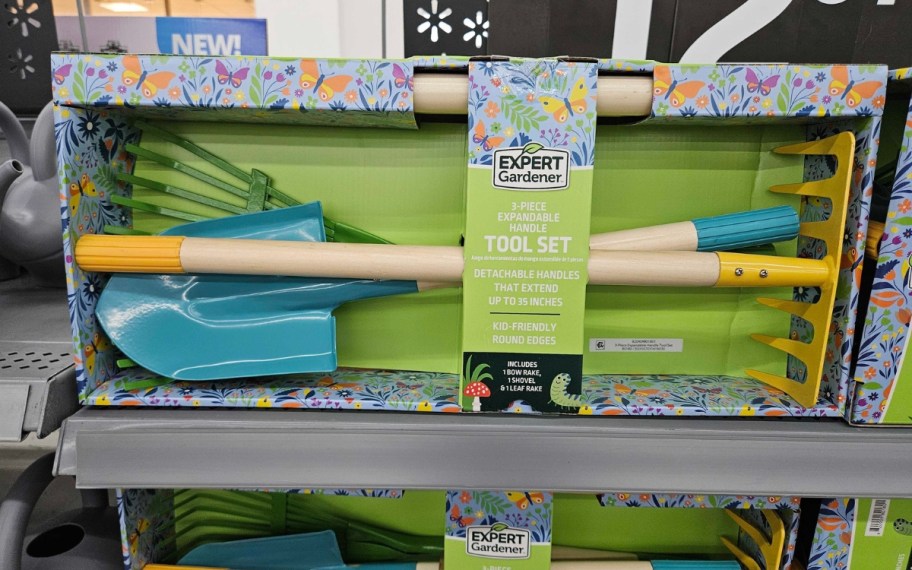 a kids 3 piece gardening set on a store shelf