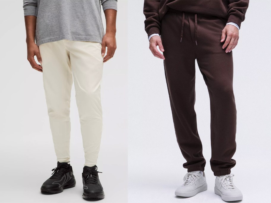 two men wearing white and brown pants 