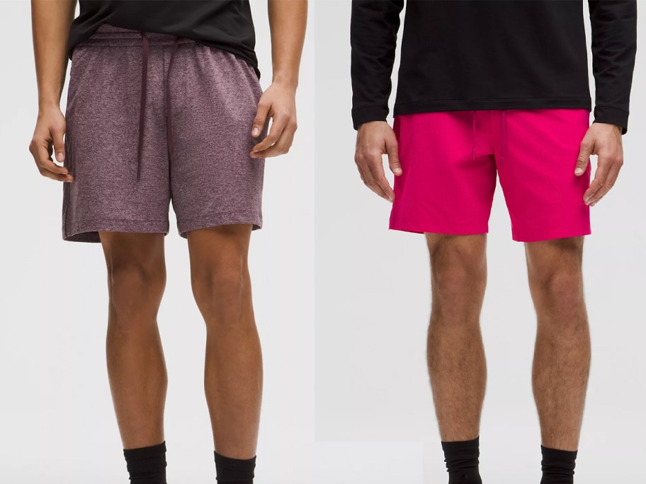 men wearing purple and pink shorts 