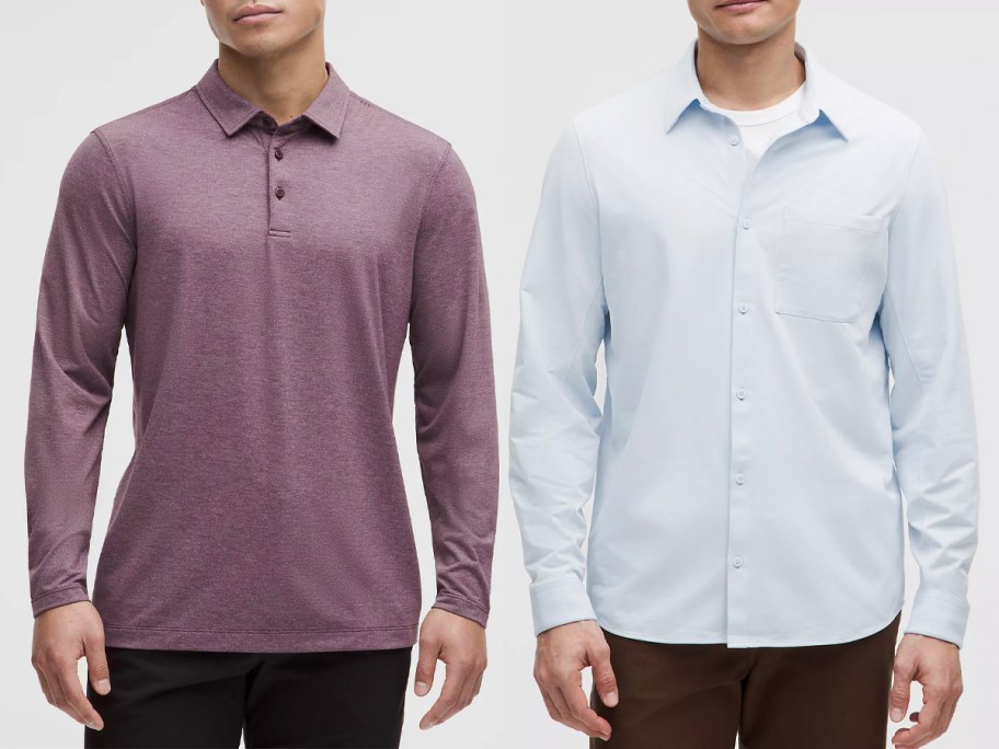 two men wearing purple and blue shirts 