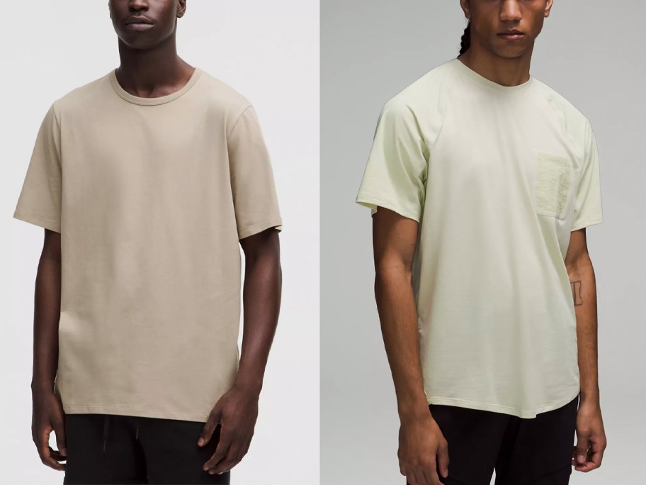 two men wearing tan and green tees