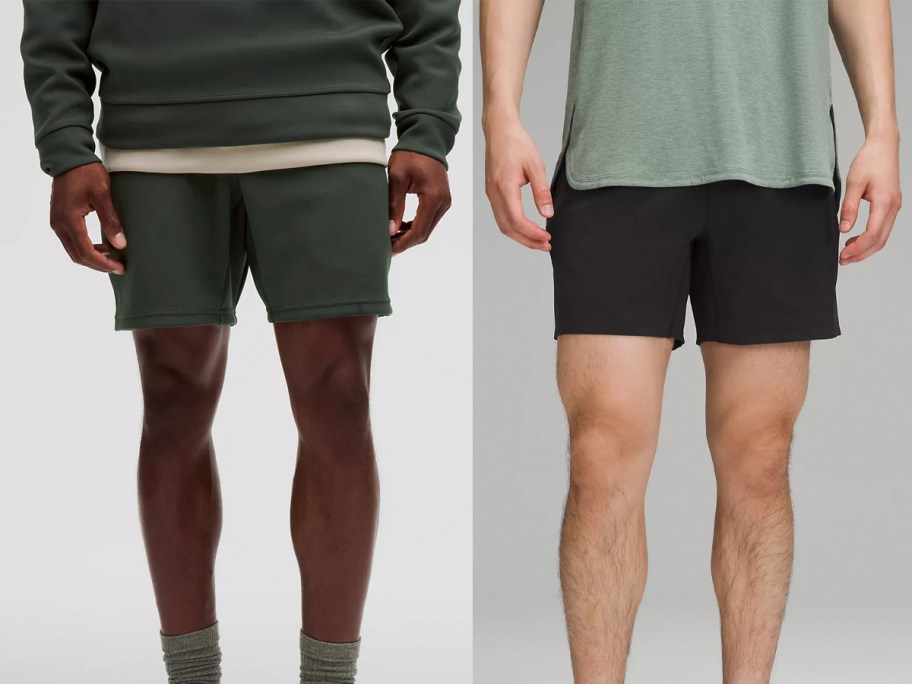 two men wearing green and black shorts 