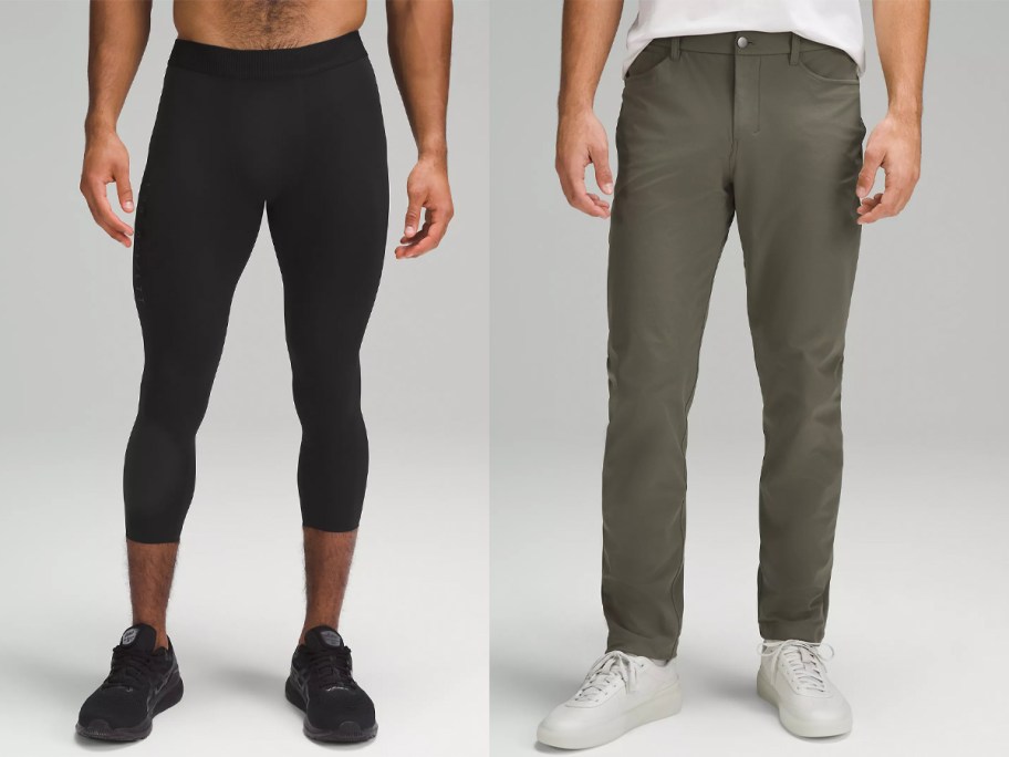 two men wearing black and green pants 