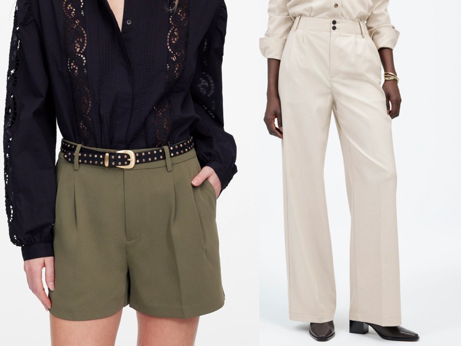two women wearing green shorts and beige pants 