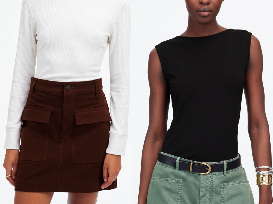two women wearing brown skirt and black tee 