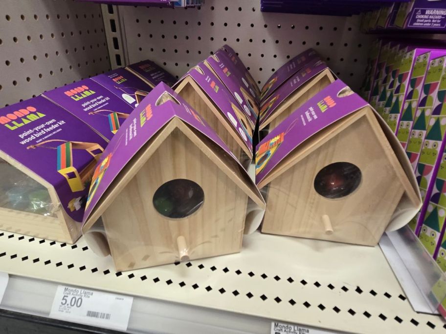 Mondo Llama Wood Birdhouse Painting Craft Kits on shelf in store