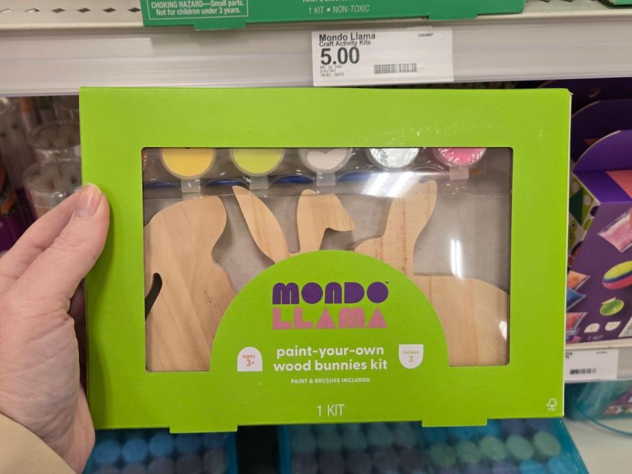 Mondo Llama Easter Wood Bunnies Painting Kit 3-Count box in hand in store