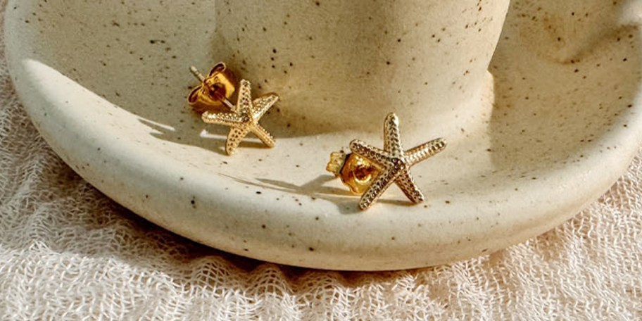 gold starfish earrings on holder