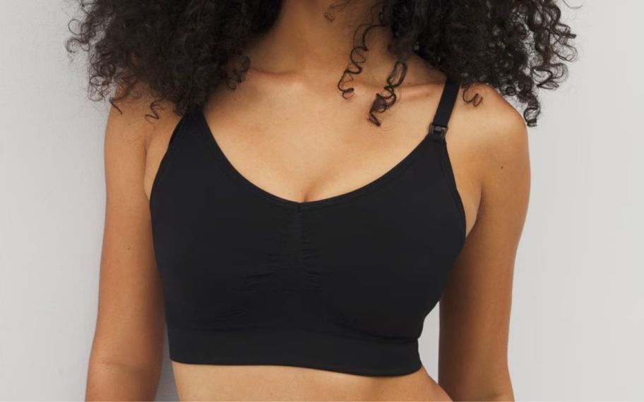 woman in a black seamless nursing bralette