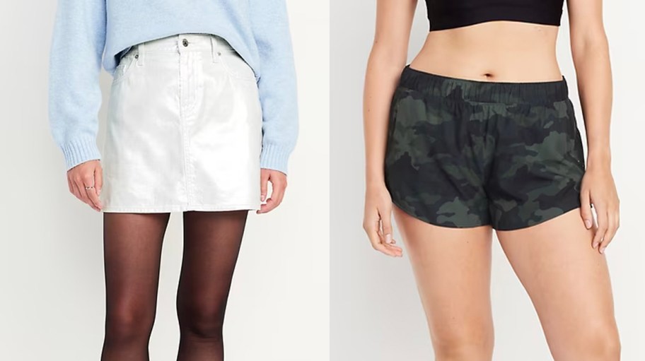 two women wearing white skirt and black camo shorts