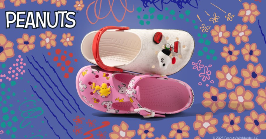 peanuts crocs against a floral background